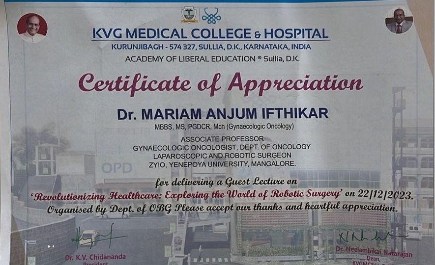 KVG Medical College & Hospital — Certificate of Appreciation for Guest Lecture on Robotic Surgery
